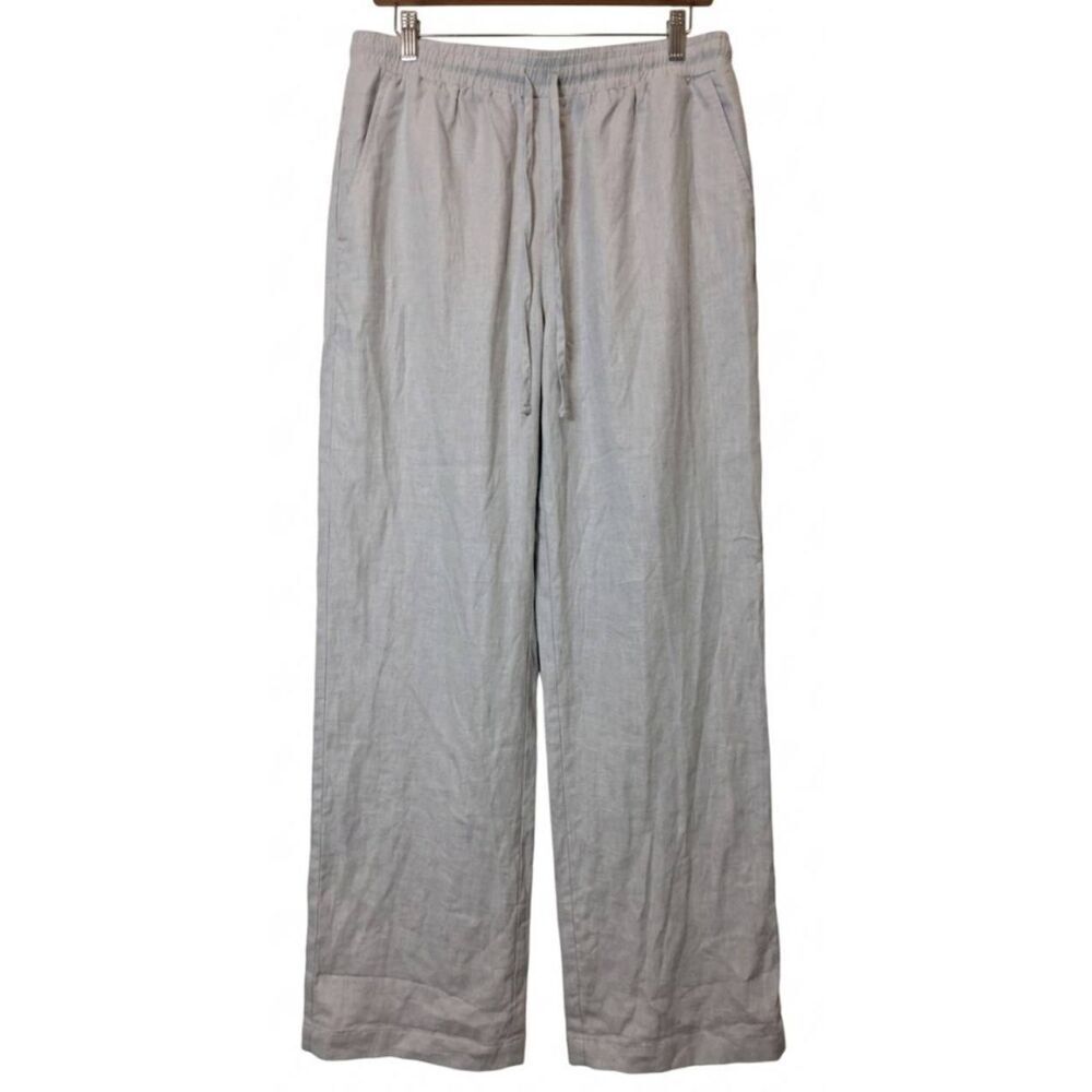 Saks fifth Ave womens large 100% linen pants light gray wide leg long ankle